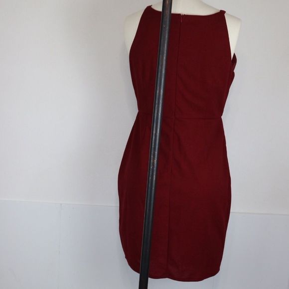 Manydress Crimson Red Asymmetrical V-Neck Full Form-Fitting Bodycon Dress L - Picture 6 of 9